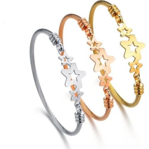 2019 Rose Gold silver Color Twisted Cable Wire Stainless Steel Bracelet for Women Star Charm Pentagram Bracelet Bangle Jewelry
