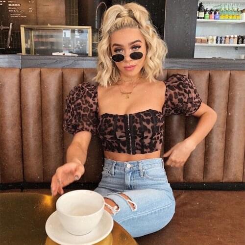 Sexy Puff Short Sleeve Crop Tops Ladies Streetwear 2021 Summer Women Backless Low Cut Leopard Printed Tops Square Neck T-Shirt