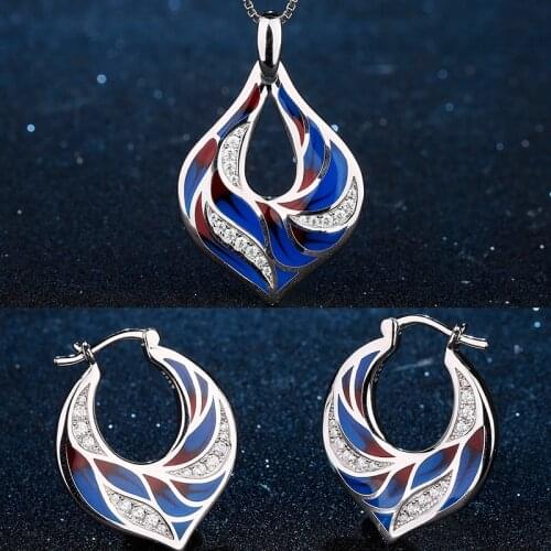 925 Sterling Silver Jewelry Sets Blue Beautiful Peacock Feathers with Sparking Zirconia Dangle Necklace for Women Earring Enamel