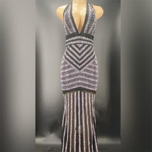 Sexy V-Neck Halter Rhinestone High Stretch Long Dress Evening Dresses Female Singer Stage Dance Costume Festival Clothing XS2740