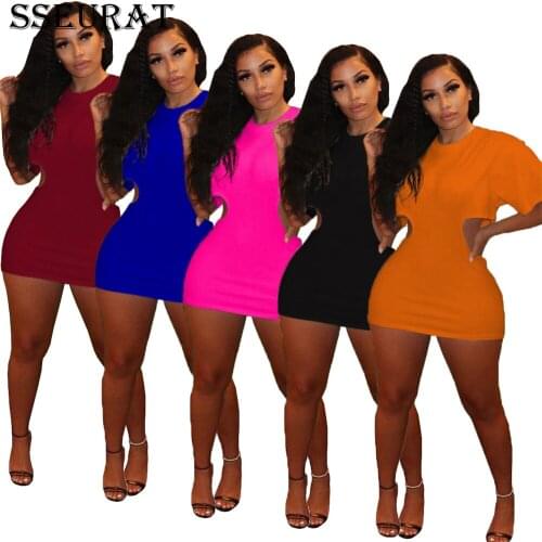 SSEURAT Sexy Hollow Out Summer Short Sleeve Dress for Women Night Clubwear Side Zip Bodycon Mini Dresses