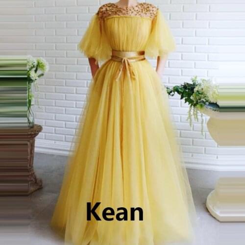 Old Yellow Evening Dress Applique Half Sleeve Beads Special Occasion robe soiree Islamic Dubai Kaftan Saudi Arabic Prom Gown