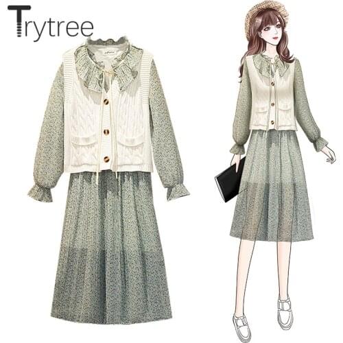 Trytree 2020 Winter Casual two piece Women Sets Sweater Vest + Peter pan Collar Dress Elastic Waist Streetwear Suit 2 Piece Set