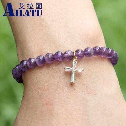 Ailatu Wholesale 10pcs/lot 6mm Natural Purple Crystal Stone Beads with Micro Paved Clear Zircons Spacer Beads Cross Cz Bracelets