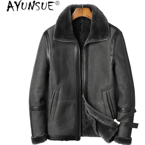AYUNSUE Winter Natural Sheepskin Leather Jackets Men Real Wool Collar Black Parka with Fur Mens Clothing Jaqueta Masculina Gmm7