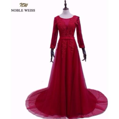 NOBLE WEISS 2019 Sexy Court Train A-Line Dark Red Appliques Evening Dress Robe De Soiree Lace-up Back Prom Dresses