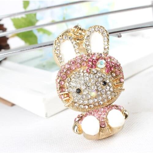 Sit Rabbit Keyring New Ear Lovely Cute Rhinestone Crystal Charm Pendant Key Bag Chain Birthday Wedding Party Fine Gift