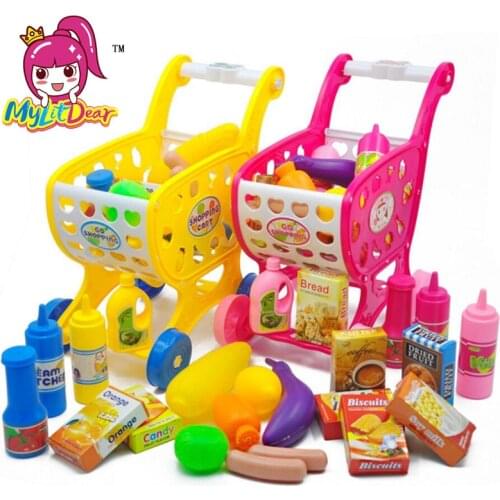 MylitDear Children Play Toys Simulation Supermarket Shopping Cart Big Size Trolleys with Fruit Vegetable Kitchen Toys For Kids