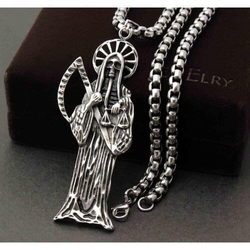 Mens Stainless Steel Pendant Holy Saint Death Santa Skull Biker Pendant Necklace