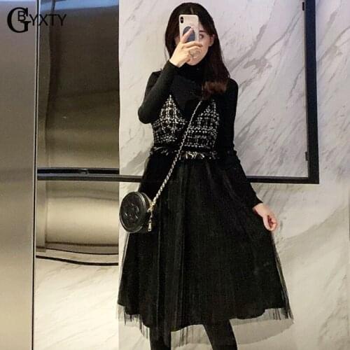 GBYXTY 2 Piece Dress Women Tweed and Mesh Patchwork Spaghetti Strap Dress and Sweater Suit 2020 Autumn Winter Knit Dress ZA2107