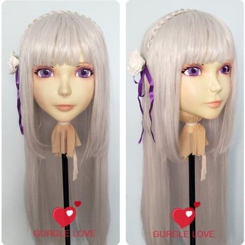 GL043) Female Sweet Girl Resin Half Head Kigurumi Mask With BJD Eyes Cosplay Anime Role Lolita Mask Crossdress Doll