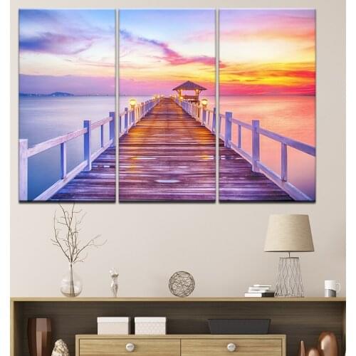 Canvas Painting Landscape wood bridge near sea sunset 3 Pieces Wall Art Painting Modular Wallpapers Poster Print Home Decor