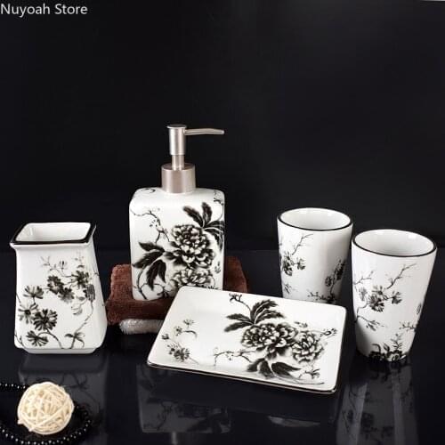 Chinese Ceramic Toilet Mouthwash Cup Lotion Bottle Soap Dish Set Bathroom Wash Five-piece Toothbrush Holder Bathroom Decoration