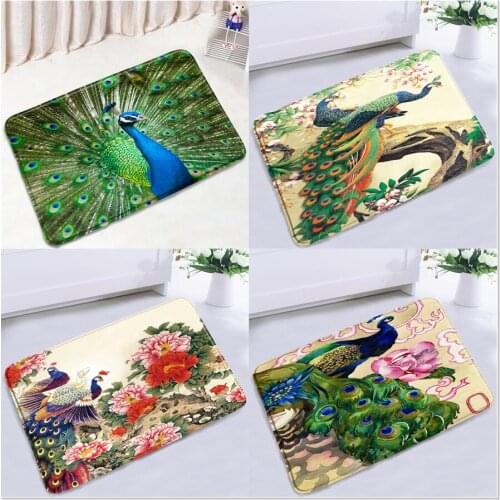 Chinese Style Classical Bathroom Mat 3D Peacocks Flower Animal Red Floral Anti-slip Rugs Home Decor Bath Kitchen Entrance Carpet