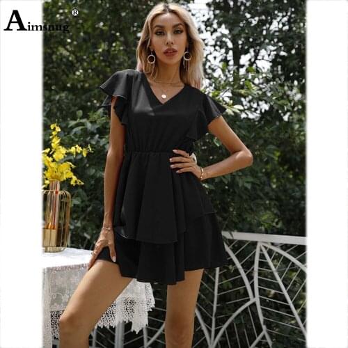 Aimsnug 2021 Summer Ladies Ruffle Sleeve Dress Double Layer Slim Waist A-line Dresses Sexy V-neck Women Casual Short Dress Femme