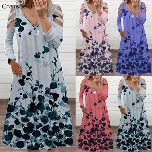 Fashion Printed Long Sleeve Dresses Sexy Open Back V Neck Zipper Midi Dress Casual Ladies Top Off Shoulder Dress Women Clothes