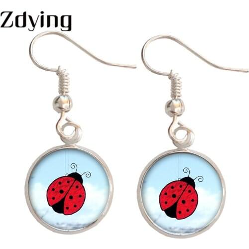 Zdying Fashion Ladybug Dangle Earrings Antique Bronze/Silver-Plated Earrings Jewelry Animal Glass Dome Drop Earrings Gifts LG011