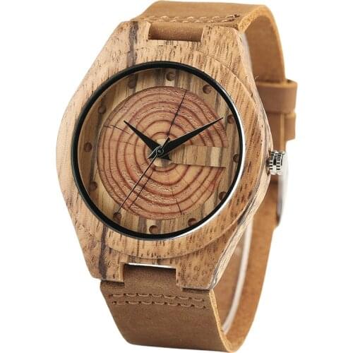 Creative Brown Bamboo Growth Ring Natural Handmade Men Quartz Wrist Wooden Watches Genuine Leather Band Sports Clock Gifts