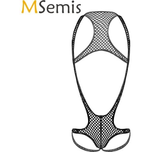 Mens Male Bodysuit Patent Leather Edges Hollow Out Fishnet Jockstraps Singlet Lingerie Teddies Clubwear Nightwear Dance Costume