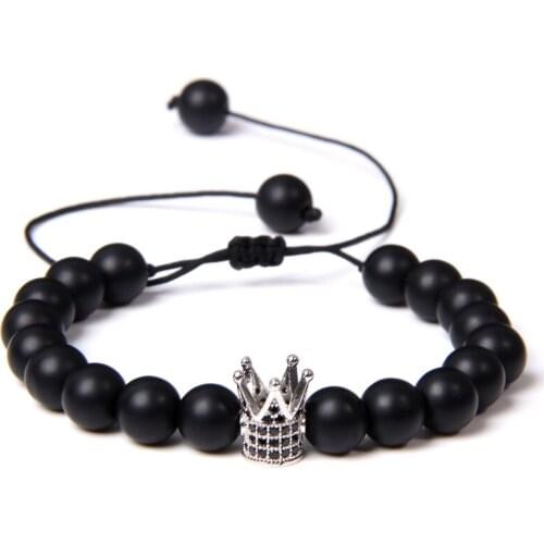 Men Bracelet Natural Stone 8mm Black Onyx Beads Bracelet Fashion CZ King Crown Adjustable Woven Charm Bracelet Male Jewelry