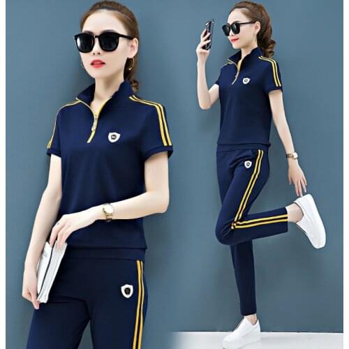 Women Side Striped Tracksuit Women Summer Zip Stand Collar Short Sleeve Sweatshirt Sweatpants Casual Jogging 2 Piece Set Female