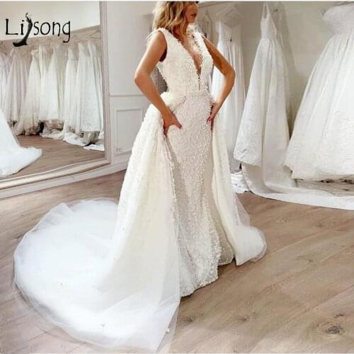 Luxury Pearls Beaded Mermaid Wedding Dresses With Detachable Train Beaded Bridal Gowns V-neck Vestido De Noiva