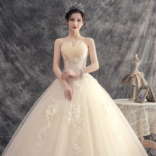 New Champagne Wedding Dress Sexy Strapless Embroidery Appliques wedding Party dress ball gown bridal vestidos da noiva