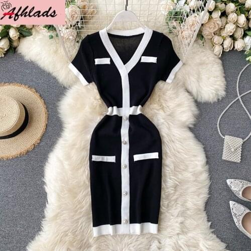 Knitted Dress Short Sleeved Spring And Summer Womens Clothing 2021 New Fashion High Waist Luxury Ladies Stitching Vestidos