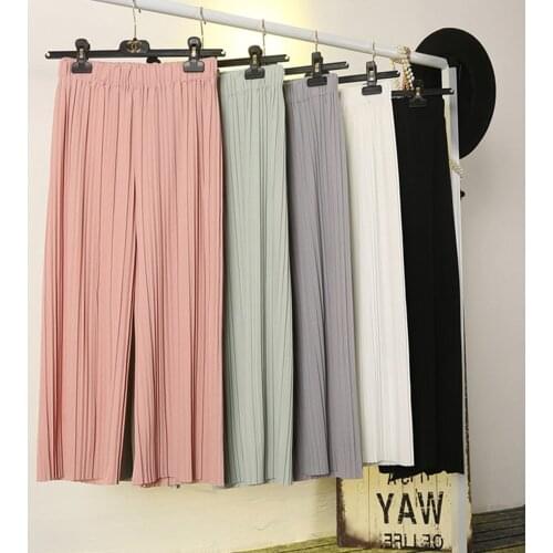 Solid Fold Pleated Womens Trousers For Women Bottoms Spring Summer Casual Pant Mid Waist Wide Leg Pants Female Pantalon Mujer