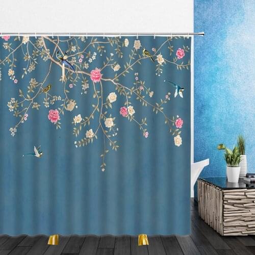 Chinese Style Shower Curtains Landscape Flowers and Birds Scenery Waterproof Bathroom Home Decor Bathtub Polyester Curtain Set