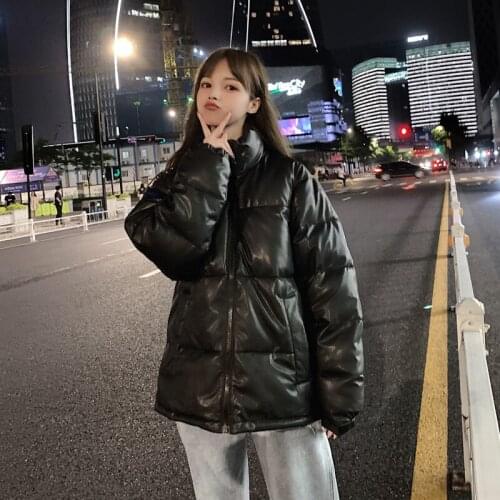 PU Leather Cotton Coat Female Parka Womens Winter Jacket Coat Short Zipper black White Cotton Padded Warm Overcoat Parkas K1014