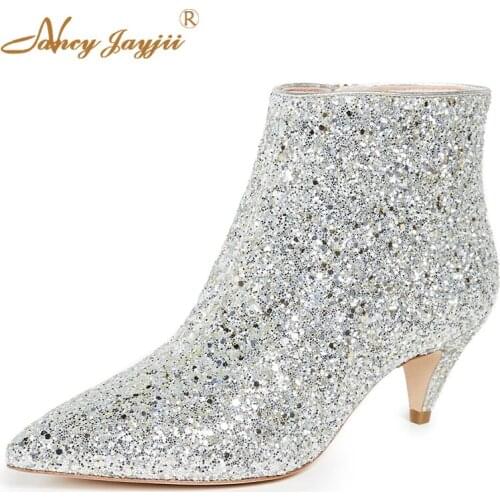 Women Adult Lady Boots White Solid Sequined Cloth Ankle zipper Pointed Toe High Spike heels Sexy Mature Concise Nancyjayjii 2019