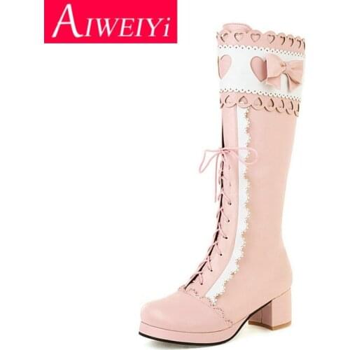 Women Knee High Boots Black Pink Thick High Heels Lolita Boots Sweet Heart Shape Lace Up Autumn Winter Thigh High Boots Gothic