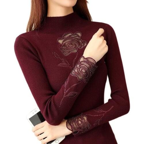 2019 Autumn New Sweater Short Section Half High Collar Mesh Stitching Lace Thin Section Knit Sweater Casual Wild Pullover Women