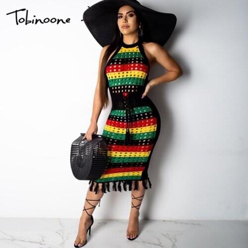 Tobinoone Stripe Embroidery Beach Dress Summer Women Halter Casual Backless Sundress Sexy Tassel Hollow Out Mini Dress 2019 New