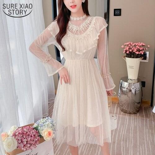 2021 Spring White Long Sleeve Women Lace Dress Mesh A-line Elastic Waist Dress Korean Ruffled Stand Collar Sweet Women Clothing