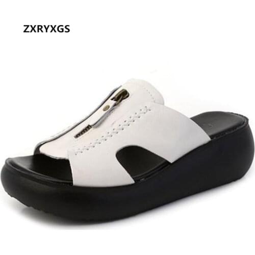 2021 Fashion Fish Mouth Summer Genuine Leather Sandals Wedges Slippers Non-slip Thick-soled Slippers Heighten Sandals Big Size