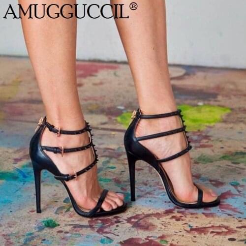 2020 New Plus Big Size 35-52 Black Zip Rivet Fashion Sexy High Heel Party Wedding Female Ladies Shoes Summer Women Sandals L1144