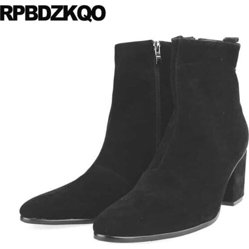 Black full grain leather boots red short ankle genuine plus size italian high heel Mens shoes chunky pointed toe real suede