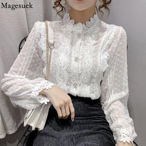 Spring Elegant Lace Chiffon Shirts Fashion Long Sleeve Flower Crochet Stitching Blouse Women Sweet Loose Korean Top Blusas 15996