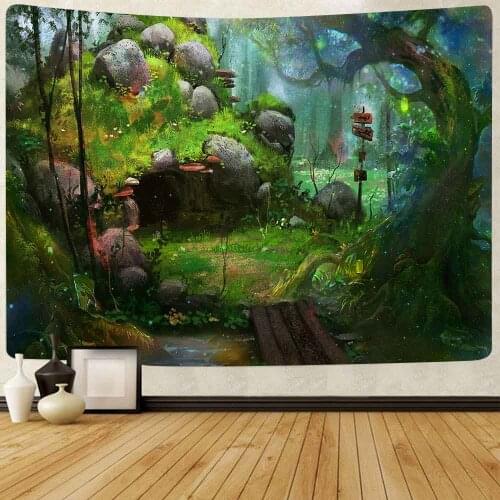 Mushroom Forest Tapestry Psychedelic Jungle Green Plants Art Wall Hanging Tapestries for Living Room Home Dorm Decor