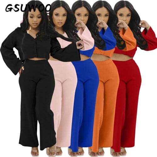GSUWOO Womens Loose Two-piece Casual Home Suit Long Flare Sleeve Button Tops and Wide Leg Pants Sets for Autumn Spring