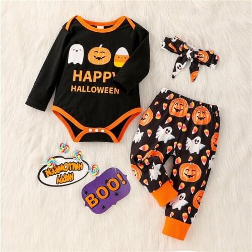 Newest Baby Boys Girls Tops and Trousers Suit Halloween Pumpkin Print Romper + Long Pants with Headband 3Pcs Outfits 0-12Months