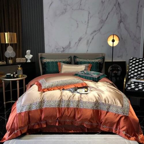 Luxury Champagne/Orange Retro Egyptian Cotton High Precision Embroidery Bedding Set Satin Silky Duvet Cover Bed Sheet Pillowcase