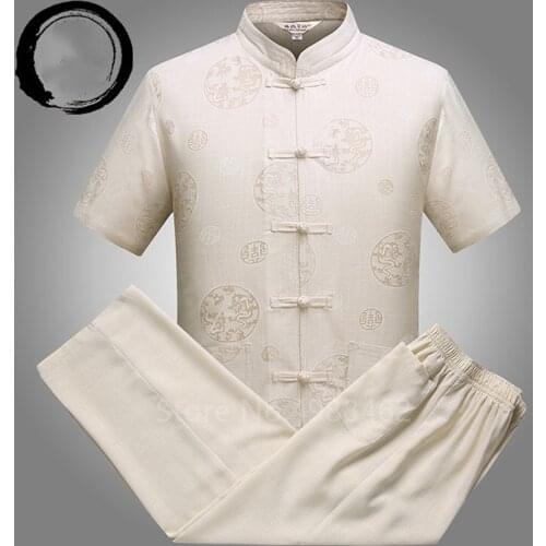 Summer Linen Short Sleeve Set Men Male Chinese Traditional Tang Suit Vintage Costume Buckle Embroidery Casual Shirt Pants Outfit