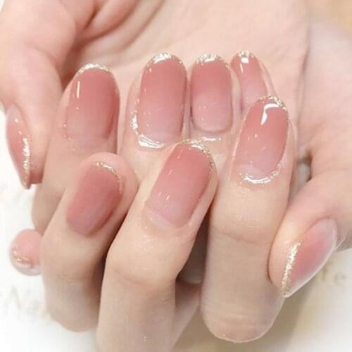 Girls Cream Gradual Pure Color False Nails Lady Fashion Shining Gold Edge Full Nail Tips With Glue Women Beauty Nail Decoration