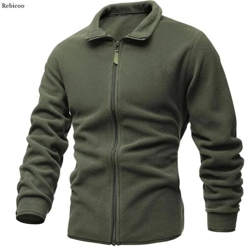 Mens Jacket Slim Double-Faced Fleece Tactical Sweater Casual Turn-Down Collar Zipper Solid Color Jacket Male Warm Winter Coat