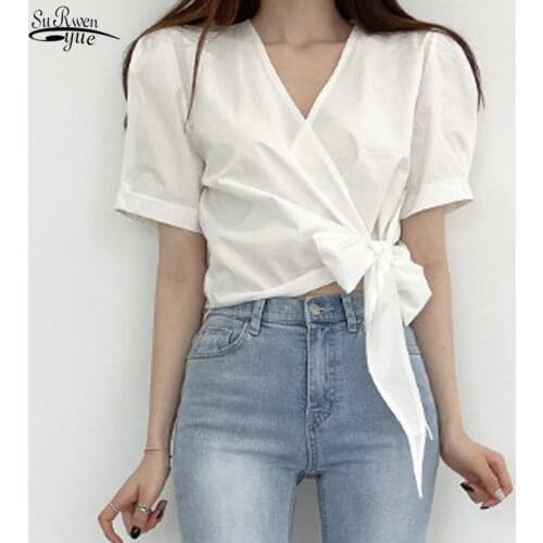 Summer new noble shirt women fashion V-neck bow tie blouse female three-color high-end sexy lady shirt blouse blusas mujer 15558