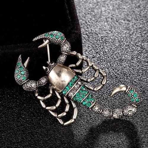 Statement punk Green Rhinestone scorpion insect brooch For men jewelry antique silver vintage pin brooches bouquet hats bijoux