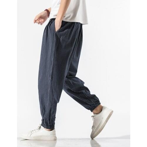 Mens Casual Harem Pants 2020 Summer New Style Korean Style Fashion Striped Loose High quality Hiphop Mens Cotton Joggers Pants